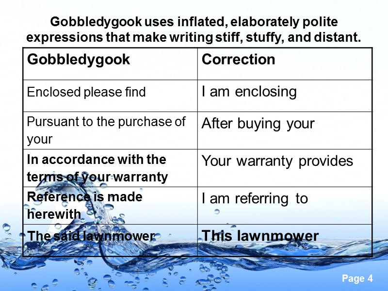 Gobbledygook uses inflated, elaborately polite expressions that make writing stiff, stuffy, and distant.